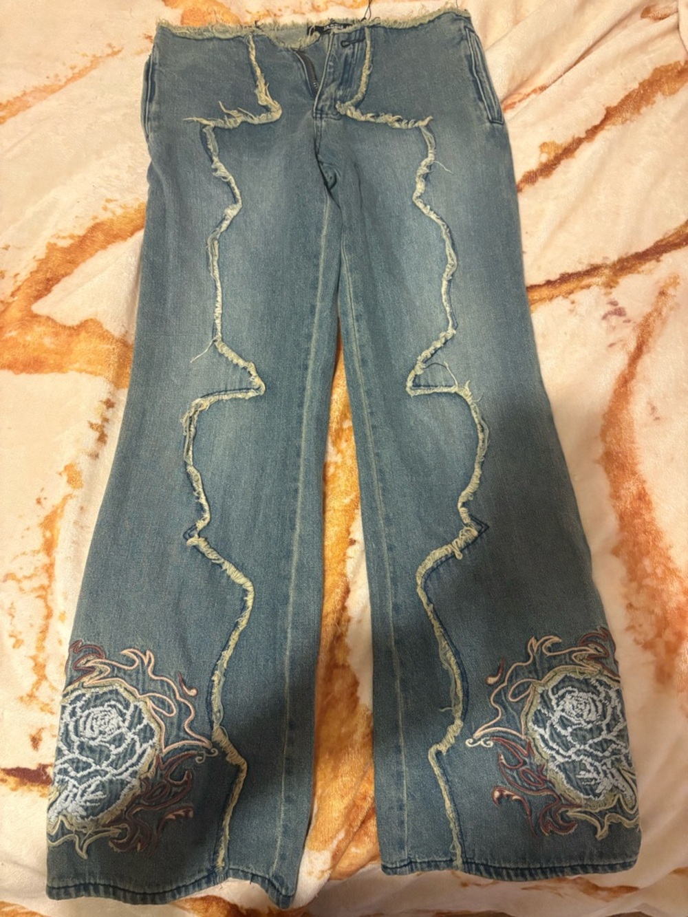 Jaded London Light Blue Scalloped Embroidered Flare Jeans